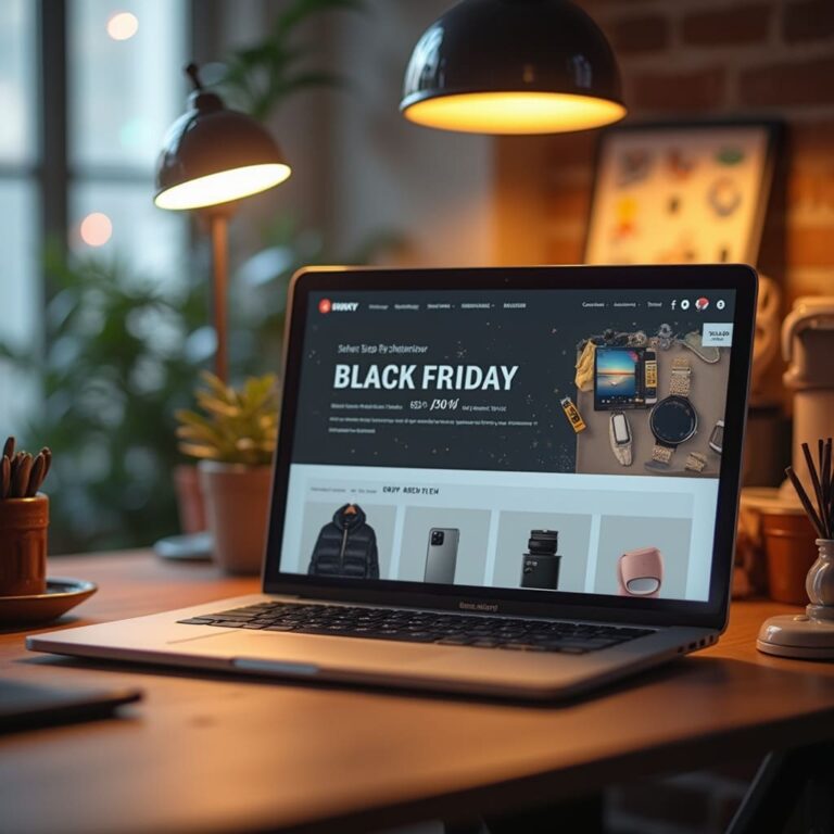 Un bureau moderne et professionnel avec une ambiance chaleureuse, montrant un ordinateur portable affichant une page de vente Black Friday pour un site e-commerce. L'écran met en avant des produits électroniques comme des montres, des téléphones et des accessoires, avec des promotions attrayantes pour l'événement. L'image évoque l'importance de la performance d'un site web pendant le Black Friday, avec une attention particulière à l'expérience utilisateur. L'agence digitale CINS est spécialisée dans l'optimisation des sites e-commerce pour maximiser les ventes et gérer le trafic important pendant les périodes de soldes.